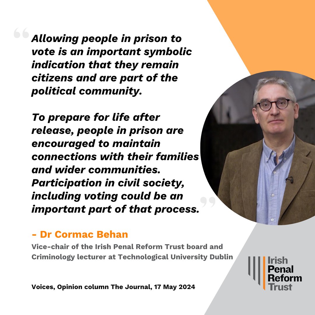Vice-chair of the @IPRT board, Dr Cormac Behan, is a lecturer in criminology at Technological University Dublin. In an article in @thejournal_ie, he outlines how people in prison in Ireland were given the right to vote and how the process now works. 📰 iprt.ie/iprt-in-the-ne…