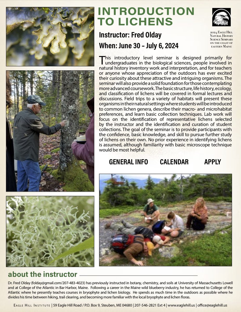 The Eagle Hill Institute have a fantastic selection of lichen courses on offer. For more information on the Introduction to Lichens course - see poster below!