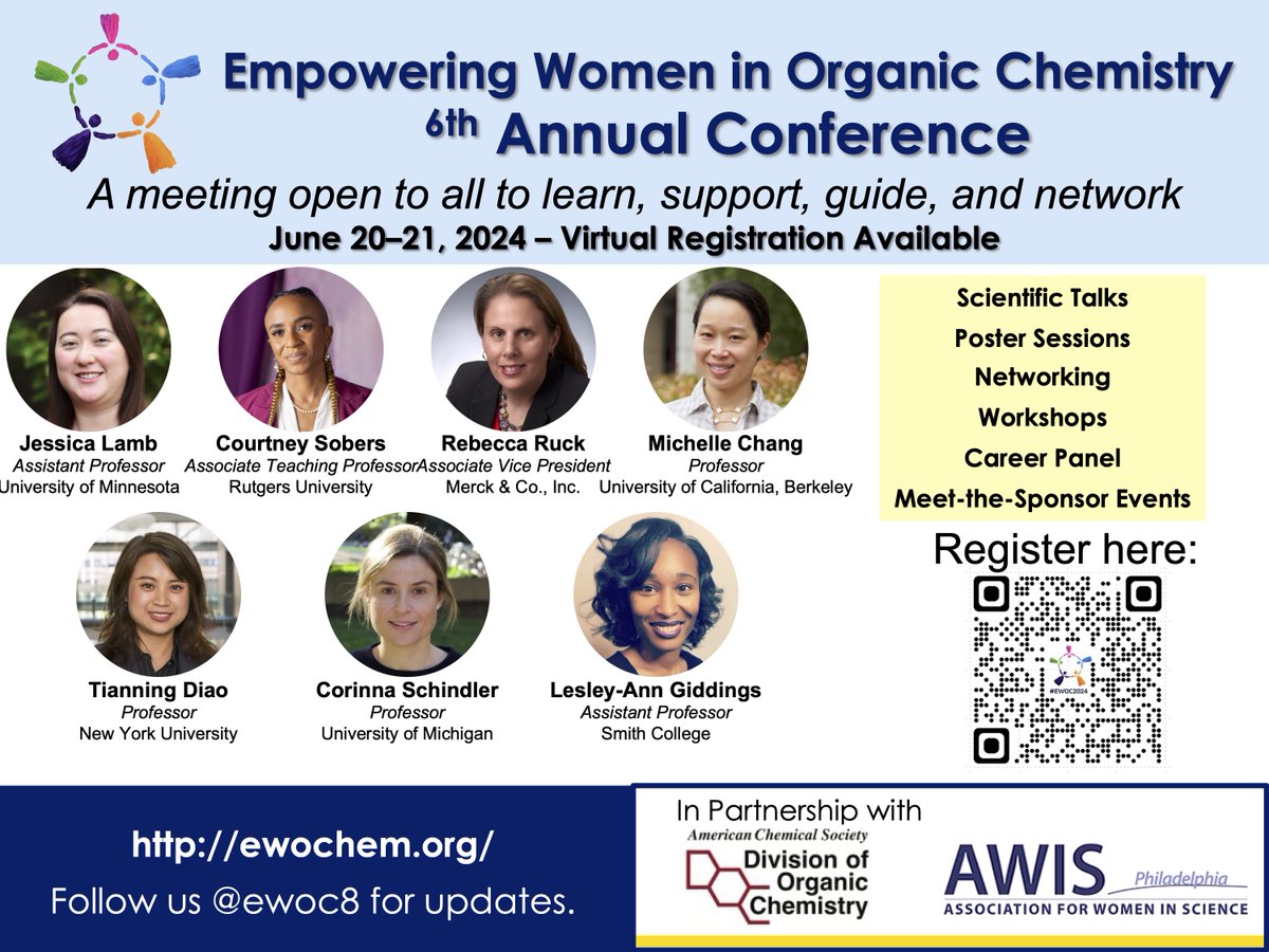 Virtual registration for Empowering Women in Organic Chemistry (EWOC) is now open! Join EWOC for the 6th Annual Conference on June 20-21. The registration fee is $25. Scan the QR code to register!