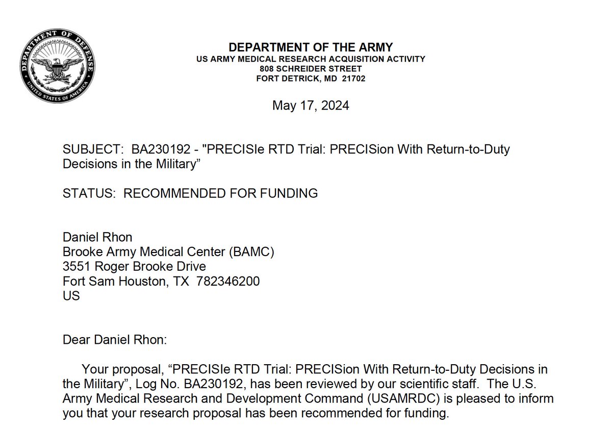 Stoked about this notice of funding for $6.7mm from @CDMRP to study return to duty decisions in the military. Monumental effort enrolling 2000+ across all 4 service branches. Working w/ an incredible team of collaborators! @MilitaryHealth
