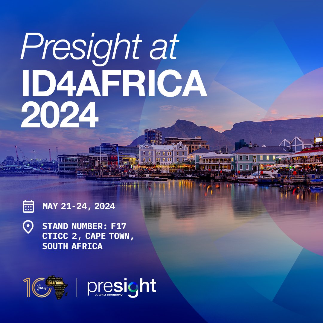#Presight is excited to announce our participation in @ID4Africa 2024 from May 21-24 at the CTICC 2.

Our team, alongside our JV partner TOTM, is eager to engage in meaningful discussions with delegates, unlocking the gateway to seamless digital citizen services.

#ID4Africa2024