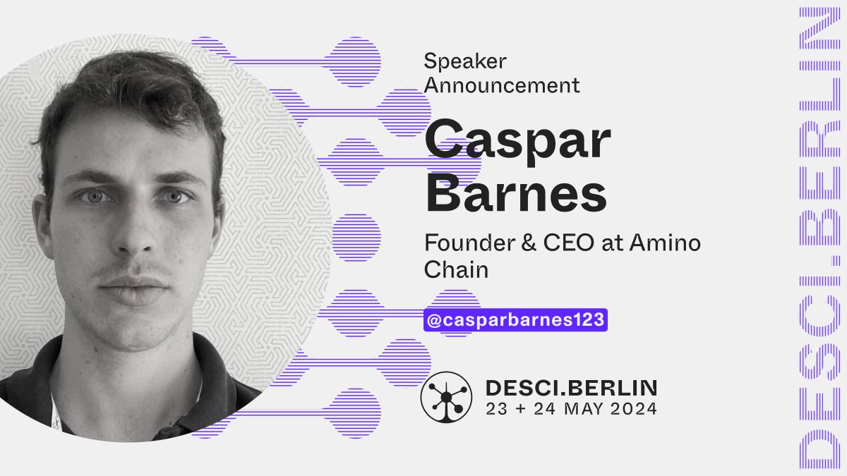 💫 Speaker announcement 💫

@casparbarnes123 will be introducing his decentralized biobanking startup @Amino_Chain. DeSci attracts versatility & Caspar is no exception; he has experience in cancer research, economics, neuroscience, business management & biotechnology.
