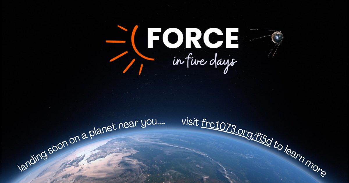 Landing soon on a planet near you… Force in 5 Days(Fi5D)! 🚀
We are proud to announce that we will be hosting a week-long summer program this year for kids aged 12-15 from July 8th to July 12th!
Visit frc1073.org/fi5d to learn more or register. #firstinspires #Team1073