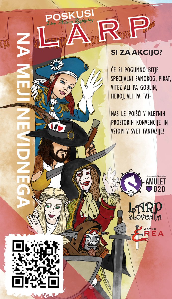 Wanna try LARP? Na Na Meji Nevidnega v soboto 25ga
Zavod Erea, LARP Slovenija in Amulet D20 vabijo da poskusiš igranje vlog. Pridi na Konvencijo in nas poišči!

#NaMejiNevidnega #slovenija #GospodarskoRazstavišče #Ljubljana #LARP #MiniLARP