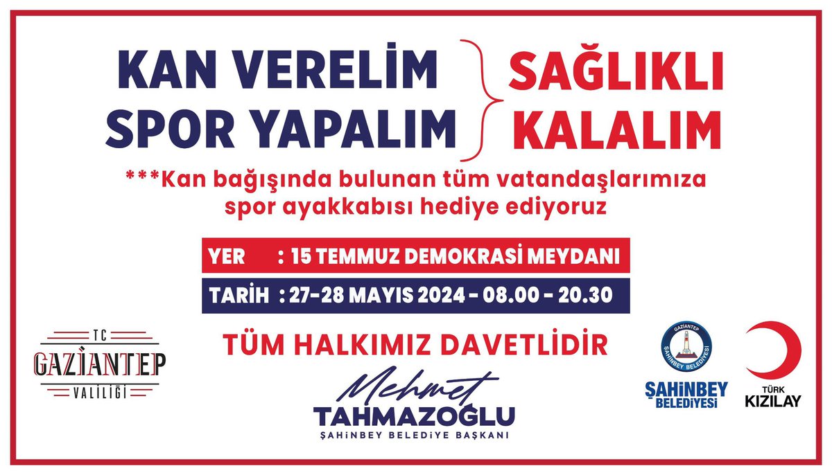 mtahmazoglu's tweet photo. ‘Hayat kurtarmak senin kanında var’

Geleneksel olarak düzenlediğimiz kan bağışı kampanyamıza tüm vatandaşlarımız davetlidir.

Haydi Gaziantep!

🕘08.00-20.30
🗓️27-28 Mayıs
📍15 Temmuz Demokrasi Meydanı’nda buluşalım.

#Şahinbey #Gaziantep https://t.co/V5JlKdgDpz