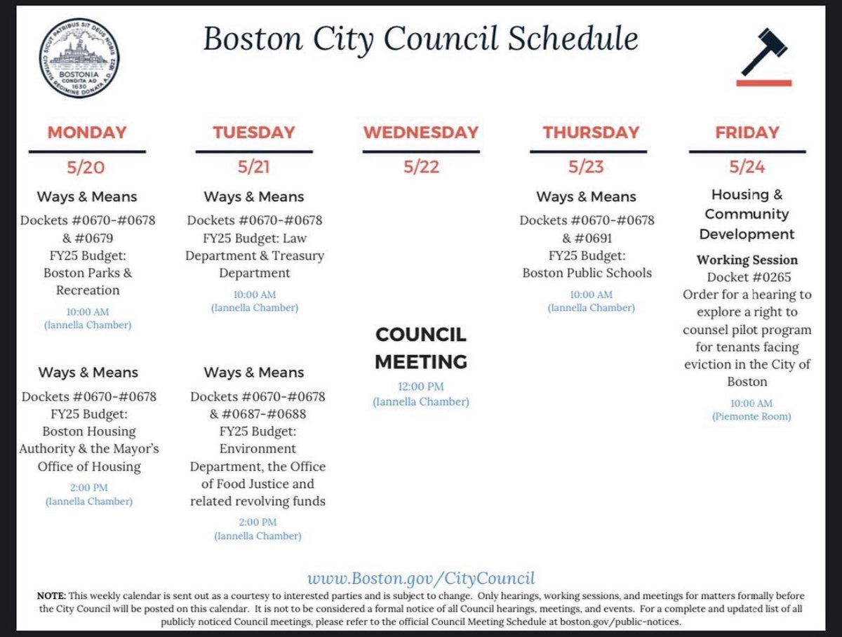 Ruthzee Louijeune (@ruthzee) on Twitter photo Here is this week’s <a href="/BOSCityCouncil/">Boston City Council</a> calendar.
There will be two budget hearings today :
FY25 Budget:
Boston Parks & Recreation
10:00 AM (lannella Chamber)
FY25 Budget:
Boston Housing Authority & the Mayor's Office of Housing
2:00 PM (lannella Chamber)
Watch live here: Here is this week’s <a href="/BOSCityCouncil/">Boston City Council</a> calendar.
There will be two budget hearings today :
FY25 Budget:
Boston Parks & Recreation
10:00 AM (lannella Chamber)
FY25 Budget:
Boston Housing Authority & the Mayor's Office of Housing
2:00 PM (lannella Chamber)
Watch live here: