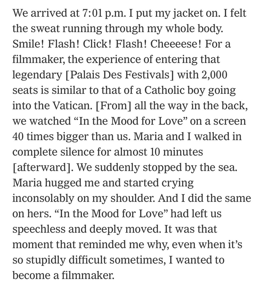 On the 24th anniversary of In the Mood for Love’s premiere, here’s an anecdote by Alejandro Gonalzález Iñárritu about watching it at Cannes.