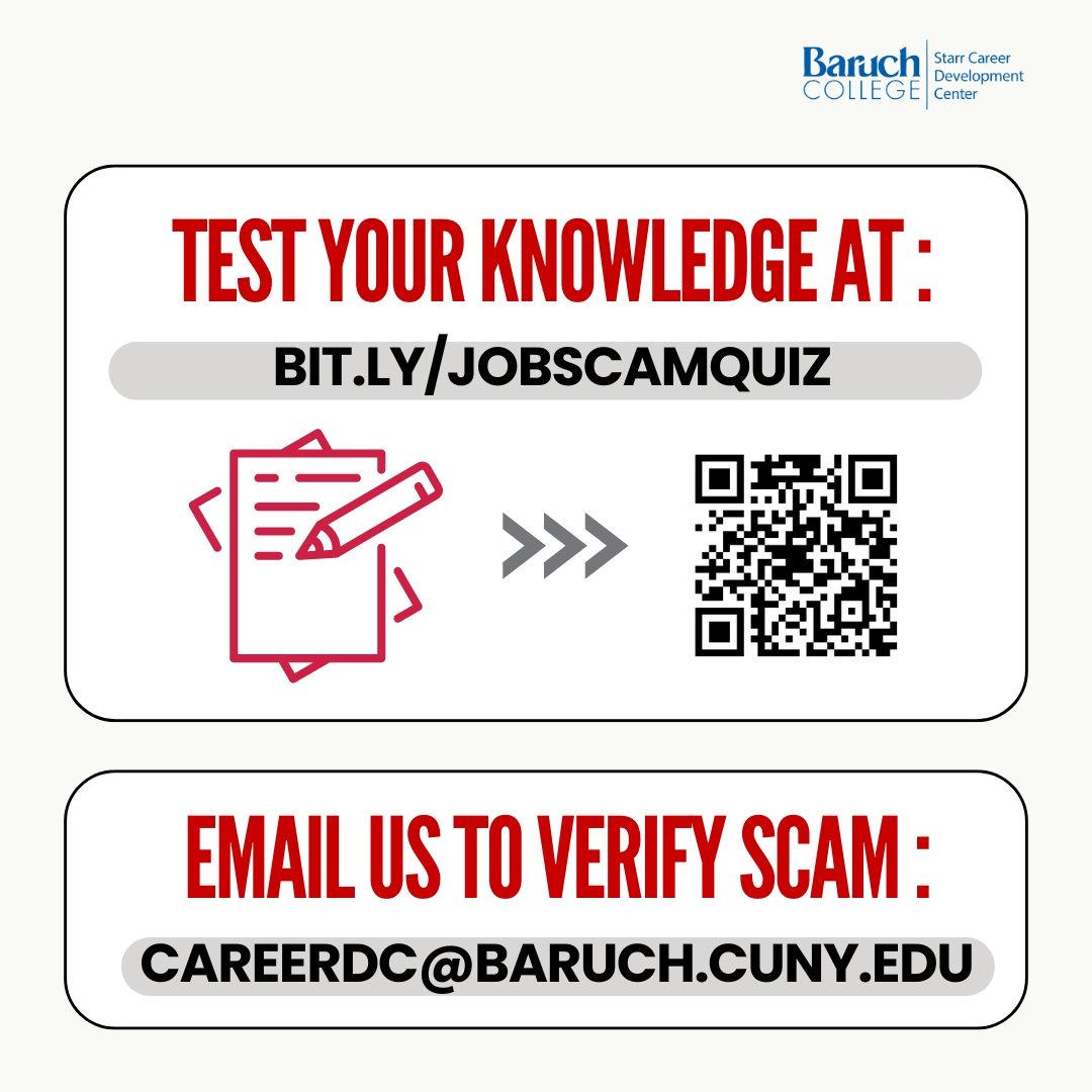 Recently, there have been several #jobscam emails targeting students. At a time when we are so dependent on technology, we are all at risk for predatory Internet behavior and email scams. Take our job scam quiz to stay informed: bit.ly/jobscamquiz

#baruchstarr #baruchworks