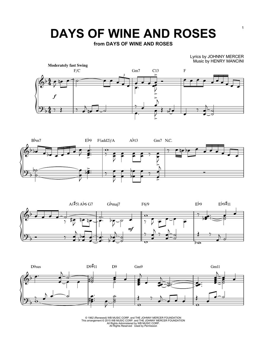 Henry Mancini Days Of Wine And Roses [Jazz version] (arr. Brent Edstrom) Sheet Music Notes freshsheetmusic.com/henry-mancini-… #henrymancini #moonriver #music