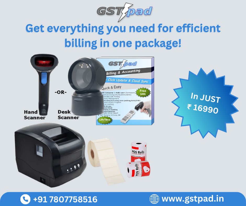 GstpadSoftware's tweet photo. Streamline your billing with our combo offer: Receipt &amp; Barcode Printer, Scanner, GSTpad Software, and Thermal Rolls. Get everything you need for efficient operations in one package!
#gstpad #billingsolution #accountingsoftware #streamlinedoperations https://t.co/UeggrzcKeL