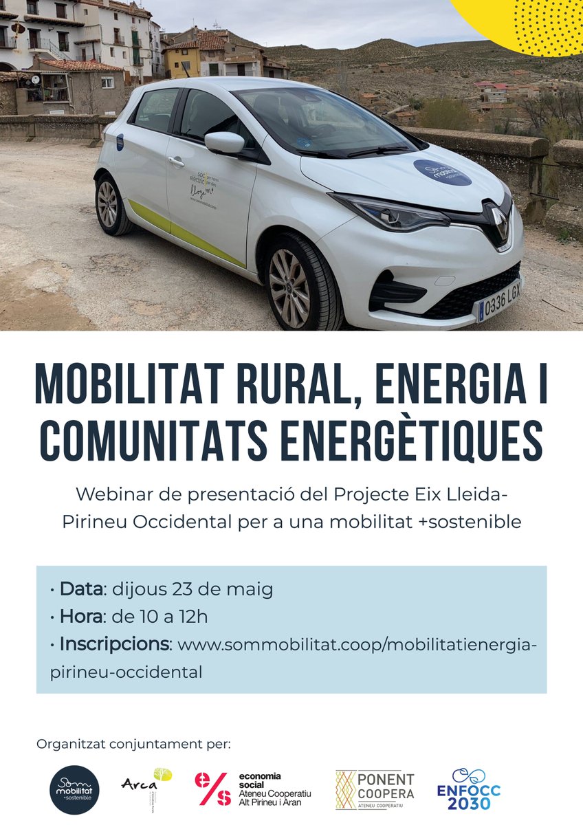 🚘 "Mobilitat rural, energia i comunitats energètiques".

💻 Participa al seminari web de presentació del projecte Eix Lleida-Pirineu Occidental per aconseguir una mobilitat sostenible al territori.

📅 23 de maig
🕒 De 10h a 12h

▶️ Inscripcions:

sommobilitat.coop/mobilitatiener…