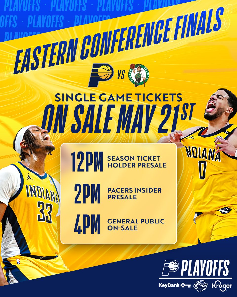 Eastern Conference Finals single game tickets go on sale tomorrow. You can secure Playoff priority by placing a deposit on 2024-25 season tickets or secure presale access by becoming a Pacers Insider. Pacers.com/Playoffs