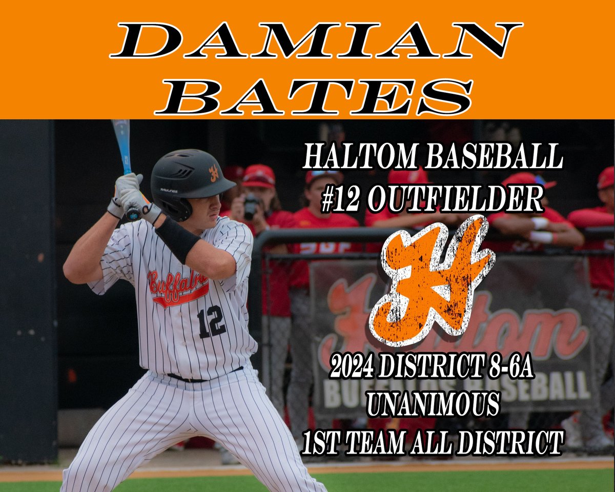 Congrats to Damian Bates!
UNANIMOUS 1st Team All District 8-6A
Outfielder 2024
<a href="/BuffsBaseball/">Haltom High School Baseball</a> <a href="/HHSBuffNation/">Haltom High Buff Nation</a> #HaltomFamily