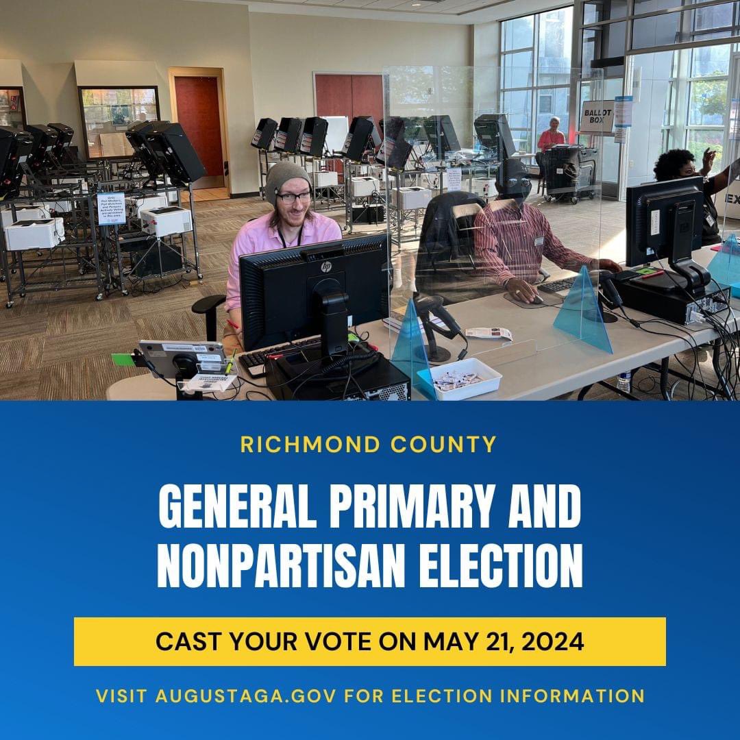 Richmond County residents, cast your vote in the General Primary and Nonpartisan Election on May 21, 2024. Before you head to the polls, view sample ballots at augustaga.gov/3166/2024-Elec….
