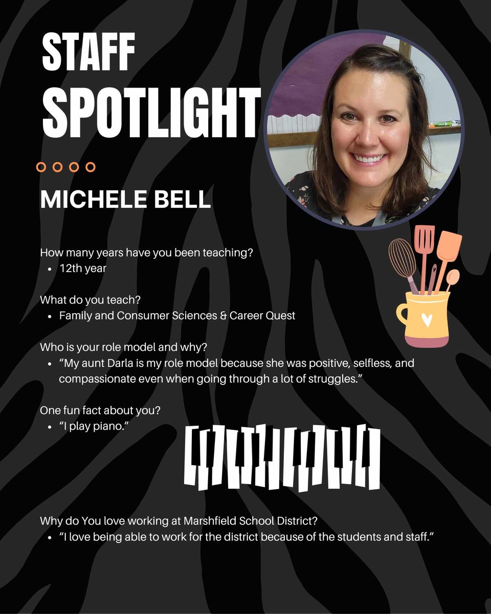 Our MMS Staff Spotlight is on Mrs. Michele Bell!  Our students learn valuable life skills in Mrs. Bell's classes, and the engagement and excitement coming out of Room 302 is truly unique.  Thank you for all that you do!  #RollTigers
