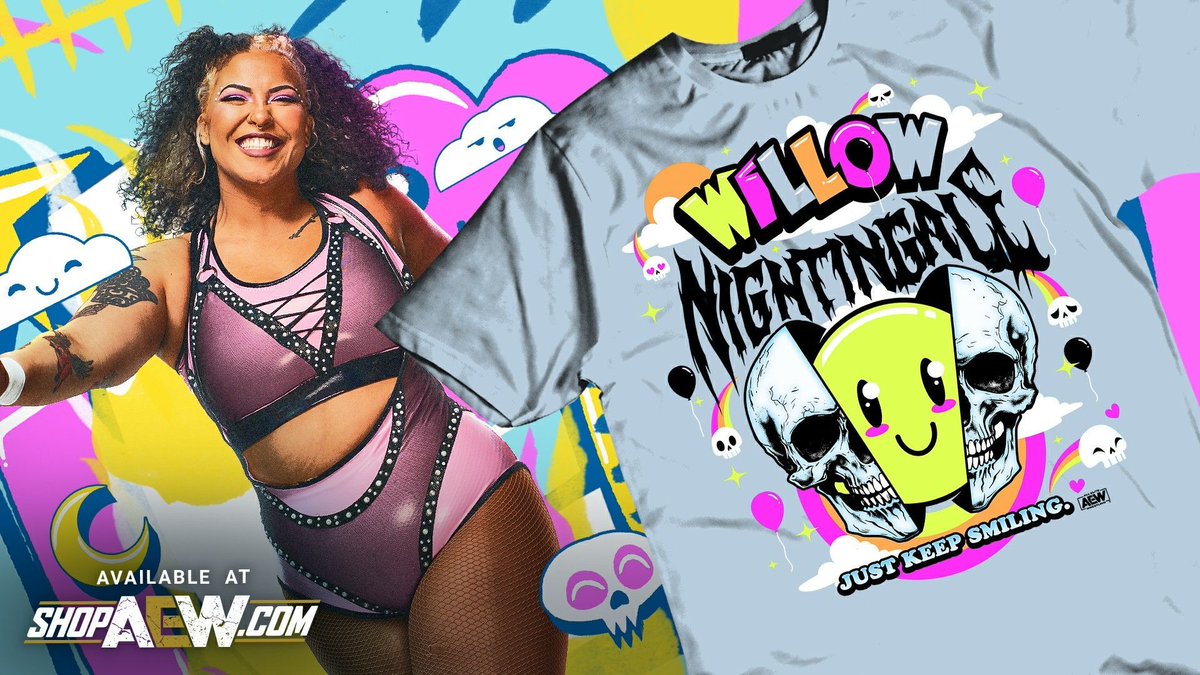 Just Keep Smiling. Add this @willowwrestles shirt to your collection today at ShopAEW.com!

shopaew.com/willow-nightin…

#shopaew #aew #aewdynamite #aewrampage #aewcollision
