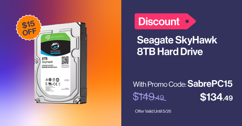 Deal of the week: Seagate SkyHawk Hard Drive - 8TB Hard Drive for $134.49 with special Promo Code: SabrePC15 bit.ly/4bJqvlu