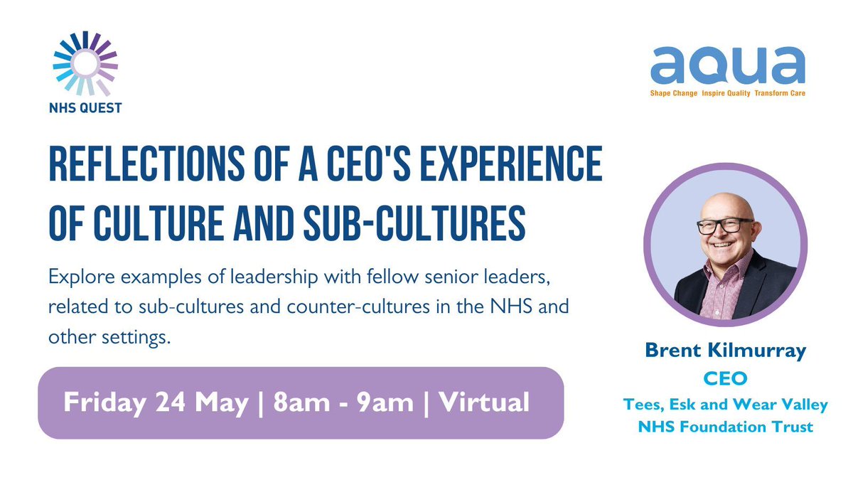 Hear from Brent Kilmurray, CEO at @TEWV , on culture in the NHS/other settings, and connect with other senior leaders. This Breakfast Session from @NHSQuest is FREE for all NHS Provider Chief Executives and Exec Board Members. 📅 Fri 24 May Register ➡ buff.ly/3K9Yhoe