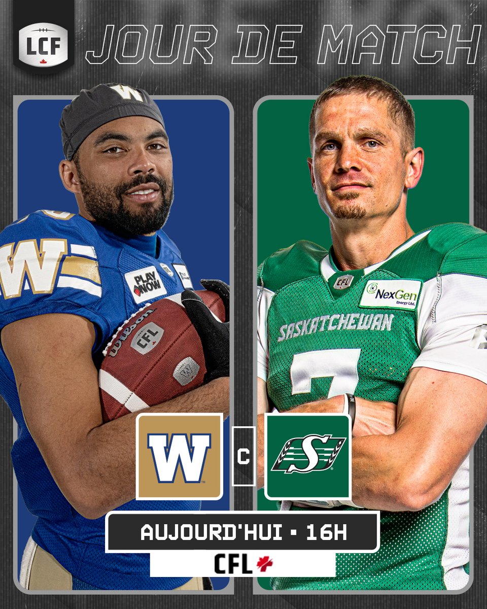 🏈 AUJOURD'HUI! 🏈

⚔️ | @Wpg_BlueBombers 🆚 @SSKRoughriders
🕓 | 16h HE
💻 | CFL+

#LCF #CFL #CFLGamaDay