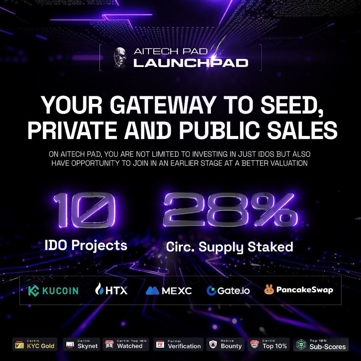 💫 AITECH Pad: Your Gateway to Seed, Private, and Public Sales!

✨ AITECH Pad is a decentralized platform for transparent Web3 fundraising, securely storing funds in smart contracts. 

ℹ️ Stats for AITECH Pad:
🔹 IDOS: 10
🔹 KYC'D Users: 12,000+
🔹 Circ. Supply Staked: 28% 
🔹