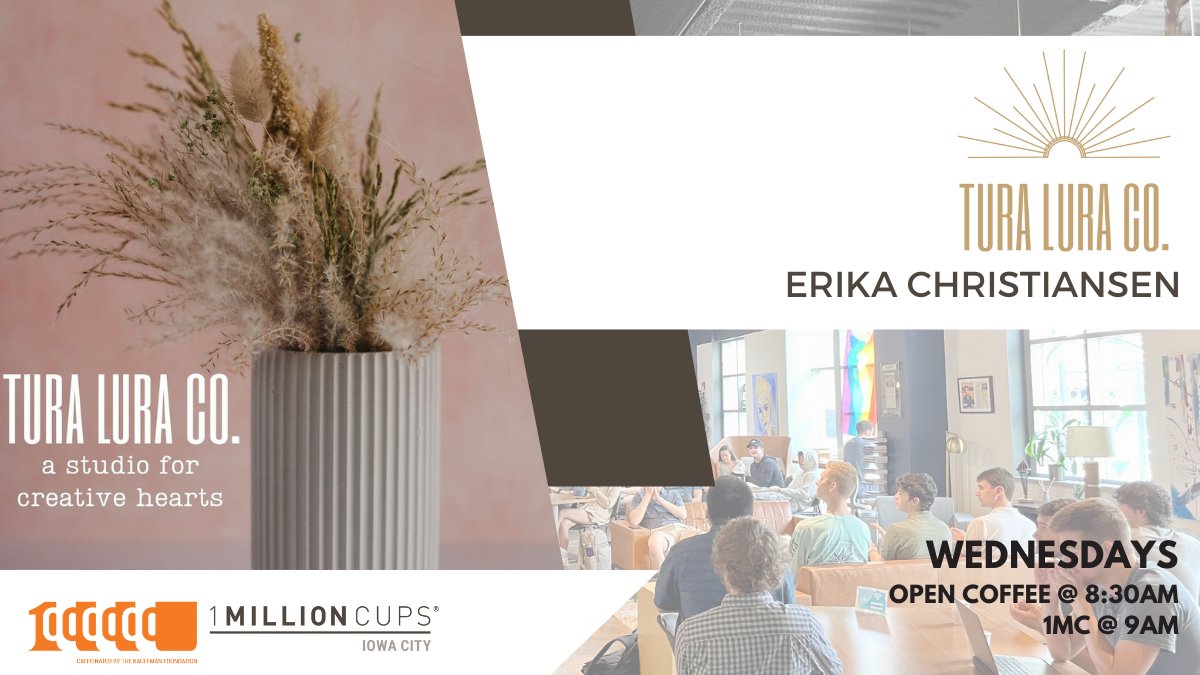 Road trip!🚗💨 This week's 1 Million Cups will be held at Tura Lura Co., a studio for creative hearts. Join us to hear from Founder, Erika Christiansen. REGISTRATION IS REQUIRED as space is limited – bit.ly/3SXVzHR.

LOCATION: 109 N Downey St Suite 3, West Branch, IA