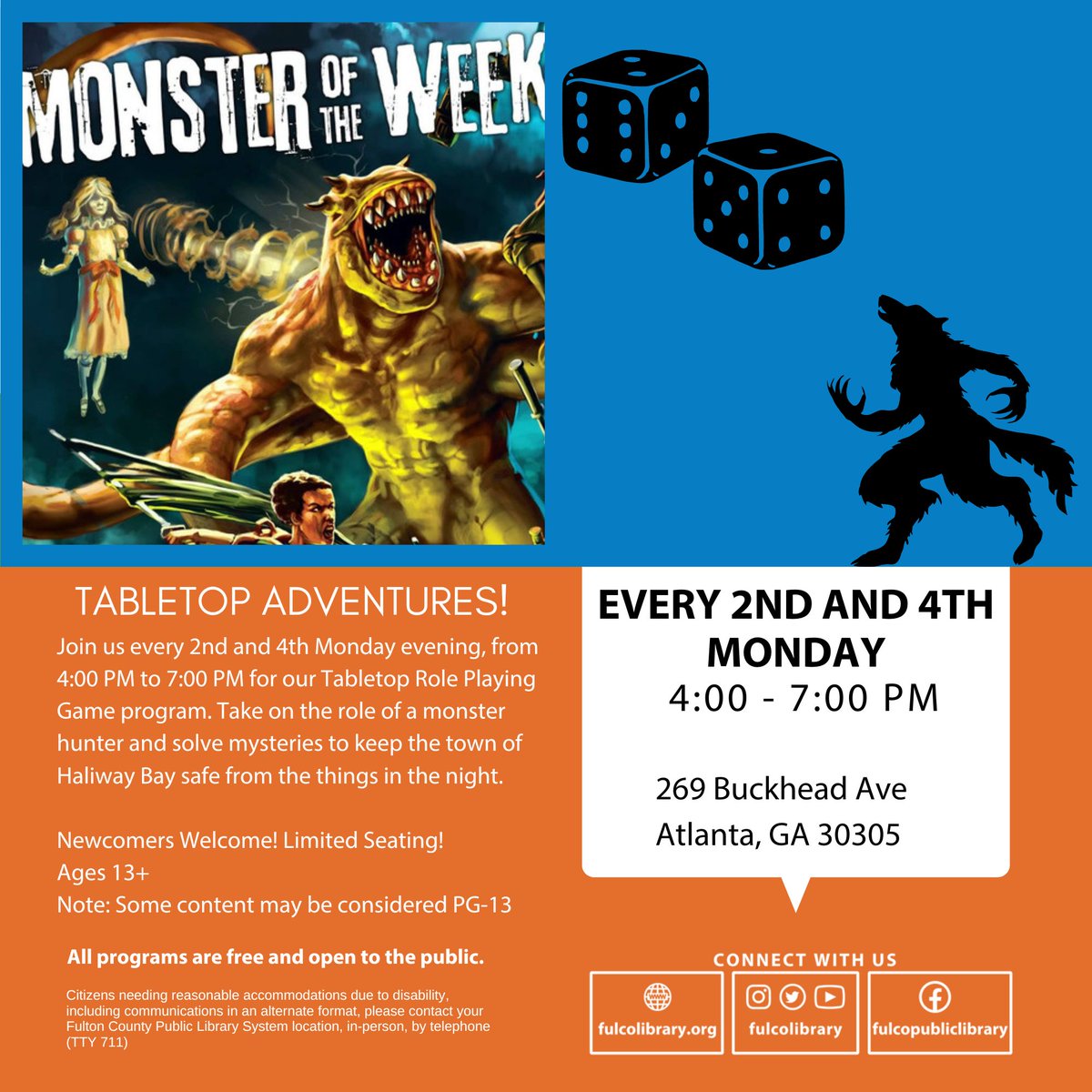 fulcolibrary's tweet photo. Join us at the Buckhead Library for our Tabletop Roleplaying Game program. Using the "Monster Of The Week" system.

https://t.co/vuvpUlrqt4

#FulcoLibrary #ResolveToRead #LibrariesTransform #FulcoReads #ttrpg https://t.co/lDFT7xA8yf