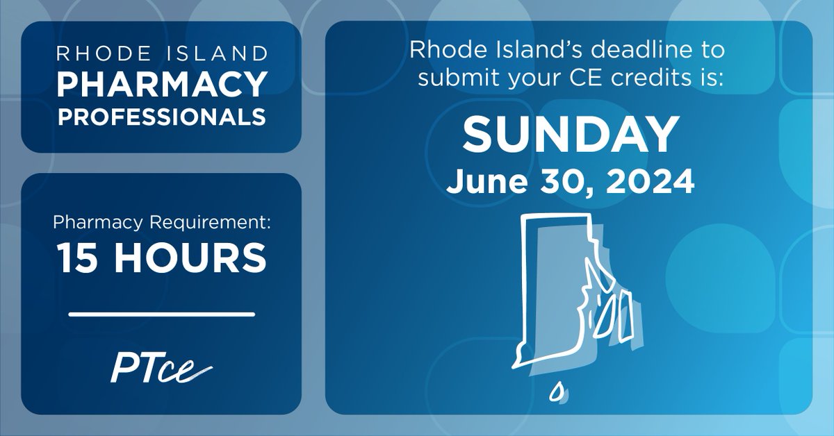 ATTENTION: Rhode Island Pharmacy Professionals! Your state's deadline to submit CE credits is approaching on June 30! Explore your state requirement and earn your CE credit today: bit.ly/3vDOWku #PTCE #pharmacy #FreeCE