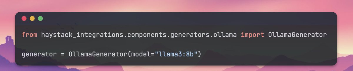 One of our favorite ways of spinning up models locally is with @ollama 🚀 1. pip install ollama-haystack 2. ollama run llama3:8b 3. Use it just as any other generator component in Haystack 📖 Docs: haystack.deepset.ai/integrations/o…