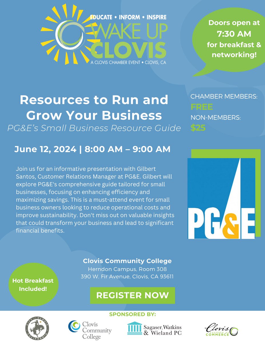 Join us for an informative Wake Up Clovis session with <a href="/PGE4Me/">Pacific Gas & Electric</a> on June 12th. Discover valuable small business resources to help you run and grow your business. Secure your spot now: bit.ly/3QP8Lx2

#entrepreneurs #educational #networking #ClovisChamber #businessgrowth