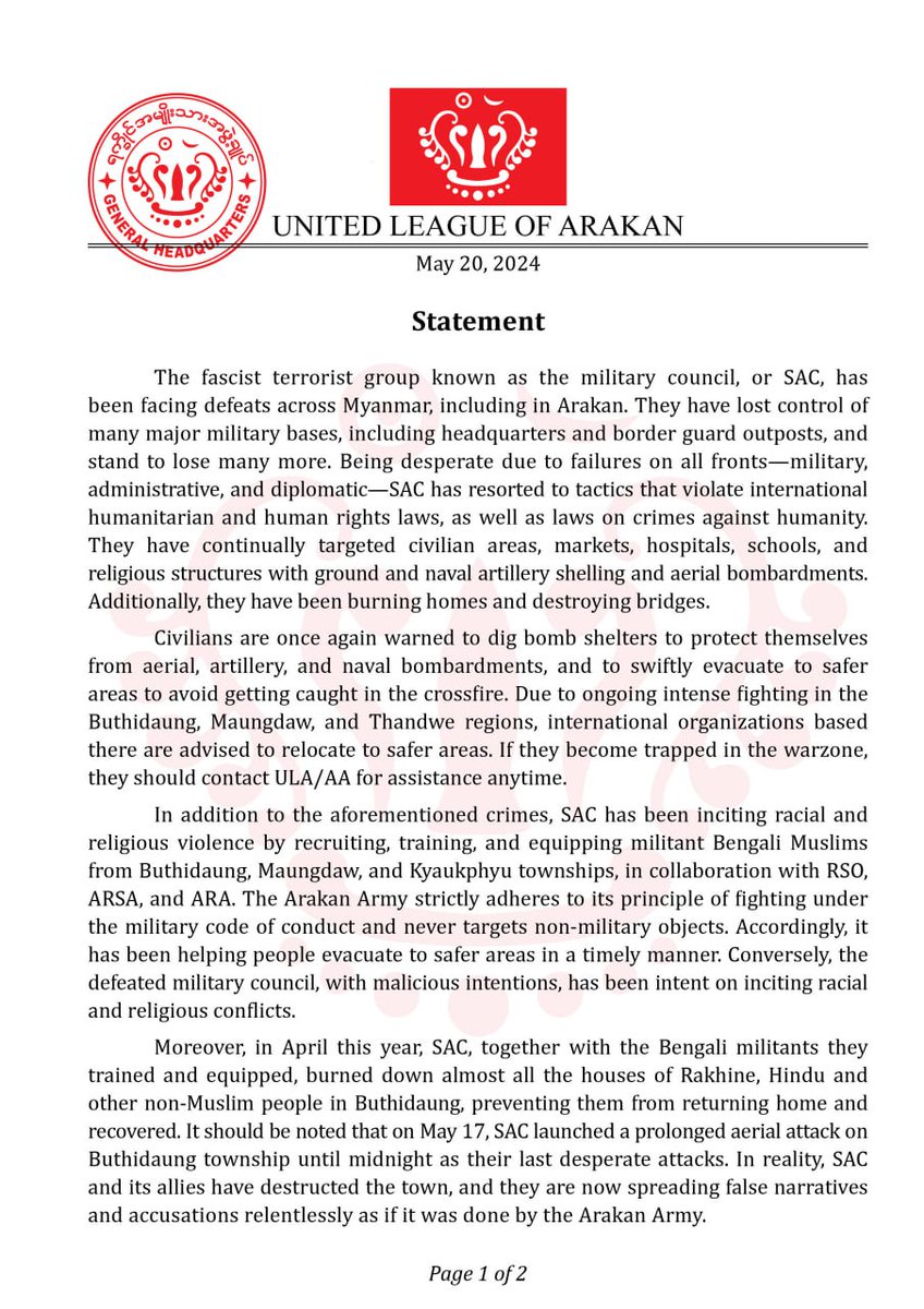 MayWongST's tweet photo. After #UN sounded alarm bells for #Rakhine crisis, #ArakanArmy statement rejects accusations it's behind attacks/arson on #Rohingya+properties. Blames #militarycoup regime for "inciting racial &amp; religious violence". But AA still calls Rohingyas "Bengalis" #WhatsHappeninglnMyanmar https://t.co/szDN4T7Mrr