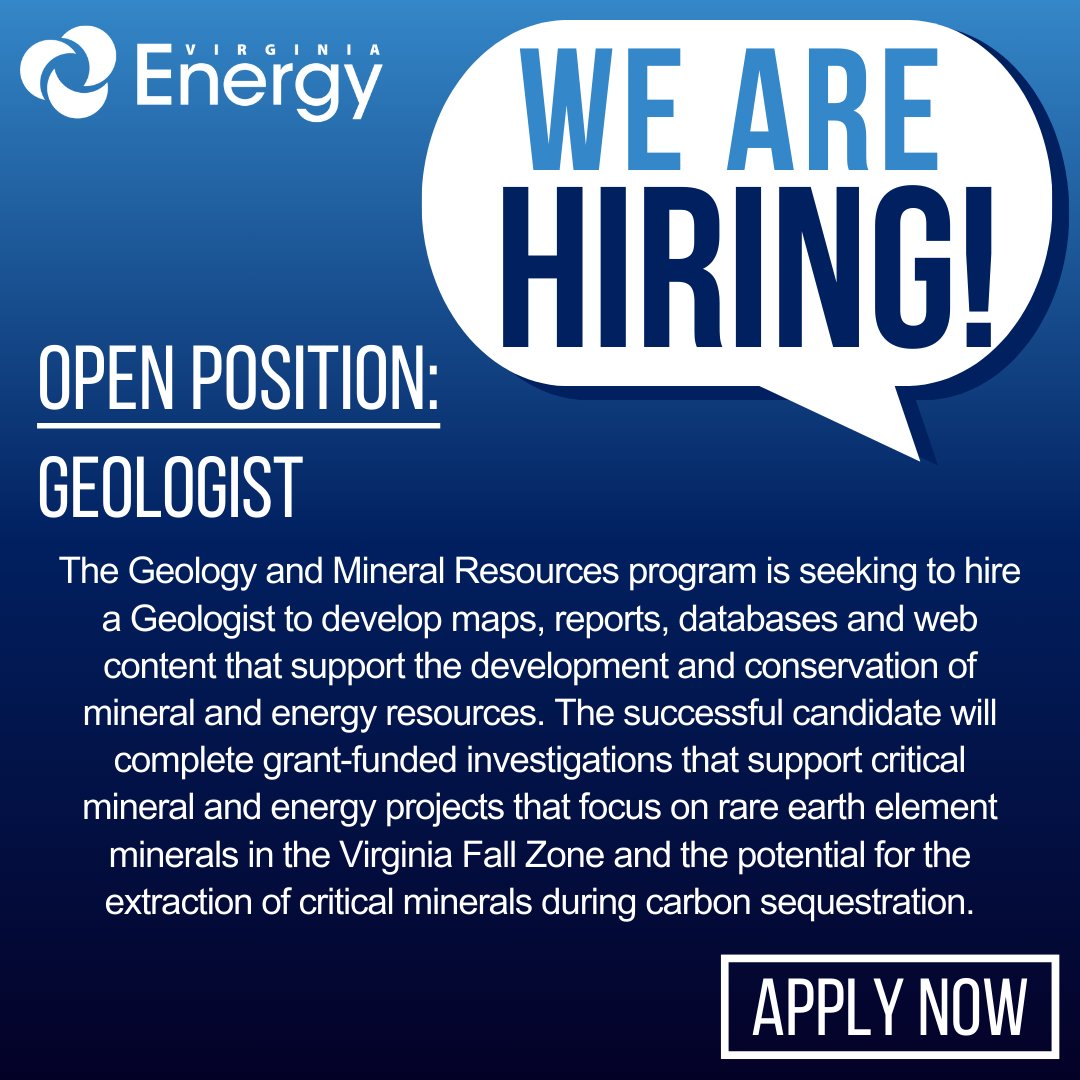 #VirginiaEnergy is #hiring a Geologist! Be sure to apply by May 28th here: ow.ly/JSv850RN52s