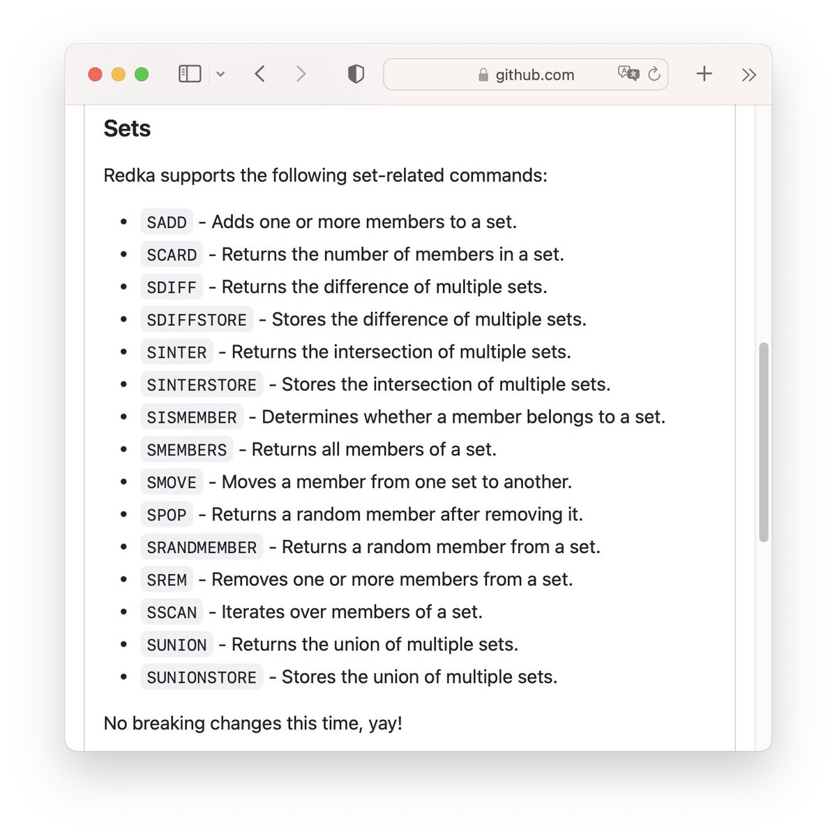 Redka (Redis re-implemented with SQLite) is now functionally ready for 1.0. It implements strings, lists, sets, hashes, sorted sets, and also key management and transactions.

So now it's time for more testing, documentation, and — most exciting — trying Redka with