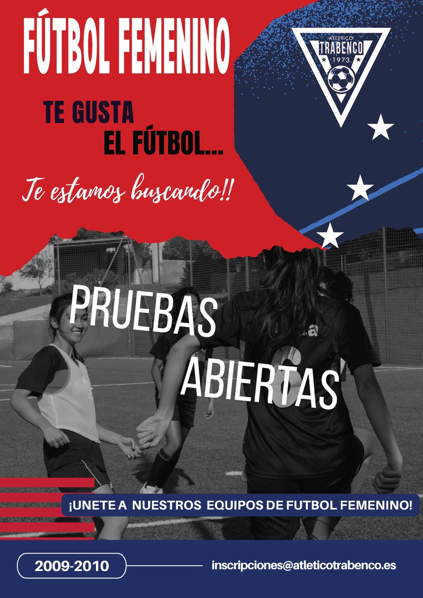 👧🏻 ¿Te gusta el fútbol? ¿has nacido en el 2️⃣0️⃣0️⃣9️⃣ o en 2️⃣0️⃣1️⃣0️⃣?

🔍 ¡Te estamos buscando!

⚽ Pruebas abiertas para formar parte de nuestros equipos femeninos.

▶️ Información e inscripciones:
inscripciones@atleticotrabenco.es

#futbolfemenino #todoalrojo #vamostrabenco🔴⚪️