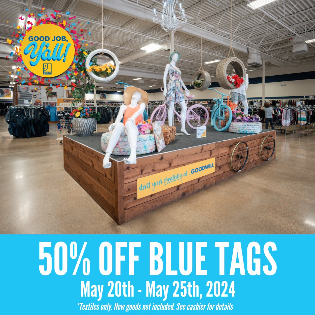 Get 50% off all blue-tagged items through May 25th! Find a store near you, visit goodwillnorthcentraltexas.org/find-a-store #thrift #GoodDeals #discounts #GoodwillWeek