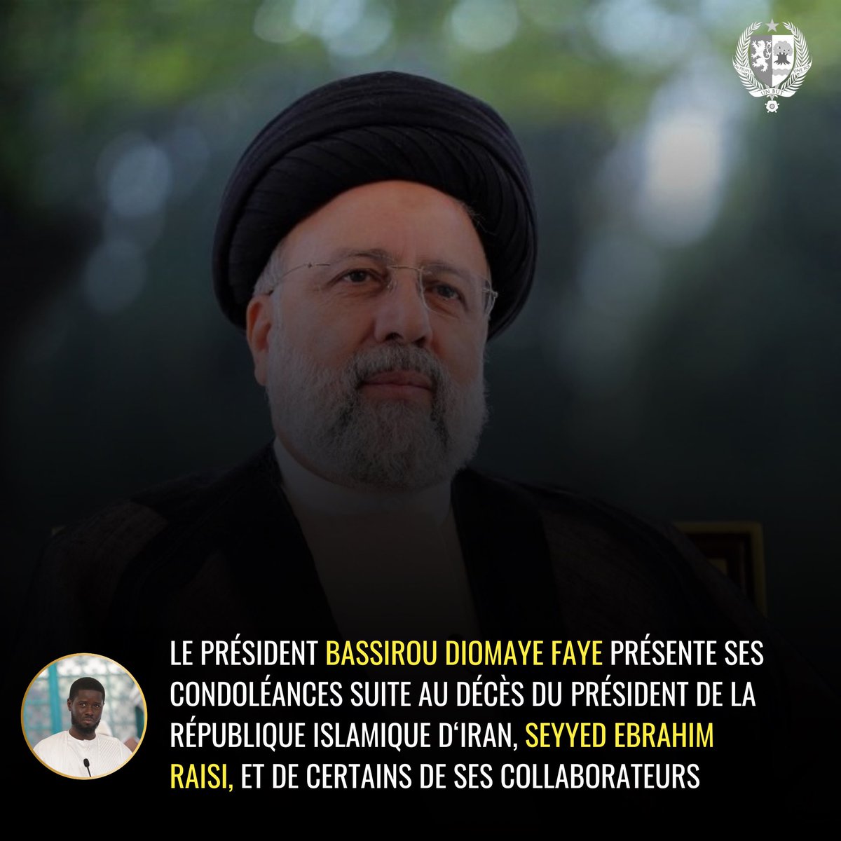 Suite au décès tragique du Président de la République Islamique d'Iran, Seyyed Ebrahim Raisi, ainsi que de certains de ses collaborateurs dans un accident d'hélicoptère, le Président @PR_Diomaye présente ses condoléances. presidence.sn/actualites/le-…