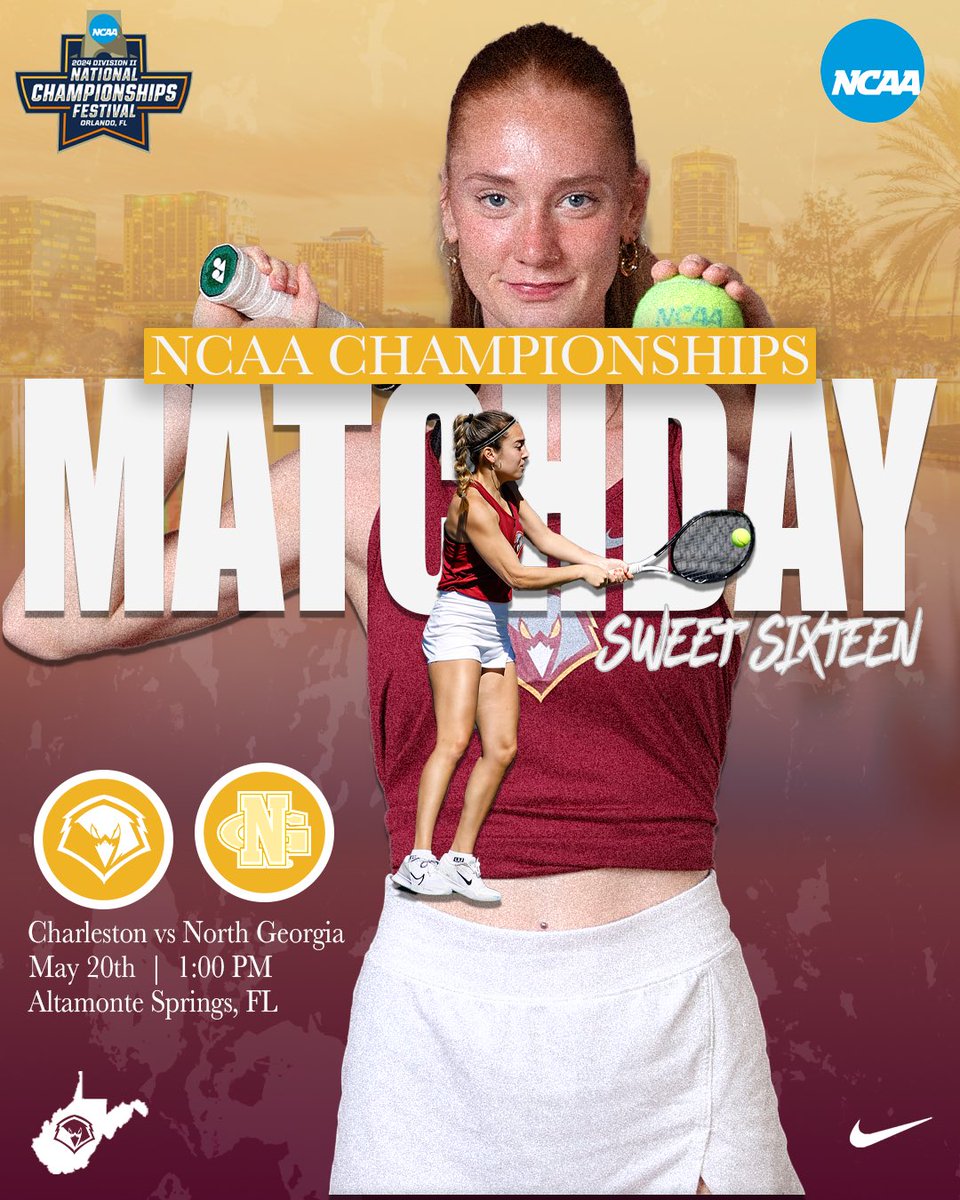 🎾 Good Morning from the NCAA Division II Festival in the Sunshine State ☀️ It’s another chance for Charleston to compete for a National Title 💪 🆚 University of North Georgia 📍 Altamonte Springs, FL ⌚️ 1:00 PM #WingsUp