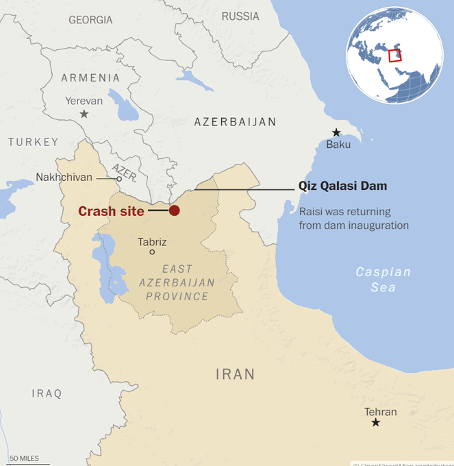 A map shows the location of the crash site of a helicopter carrying Iranian President Ebrahim Raisi.