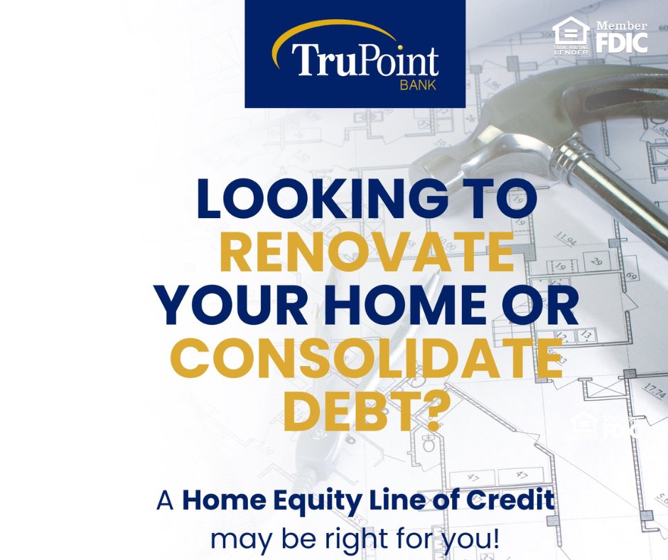 Ready to upgrade your home or streamline your finances? Consider a Home Equity Line of Credit from TruPoint Bank! With a HELOC, you can renovate your home or consolidate debt with ease. Contact us today and unlock the potential of your home! 🏡#HomeRenovation #DebtConsolidation