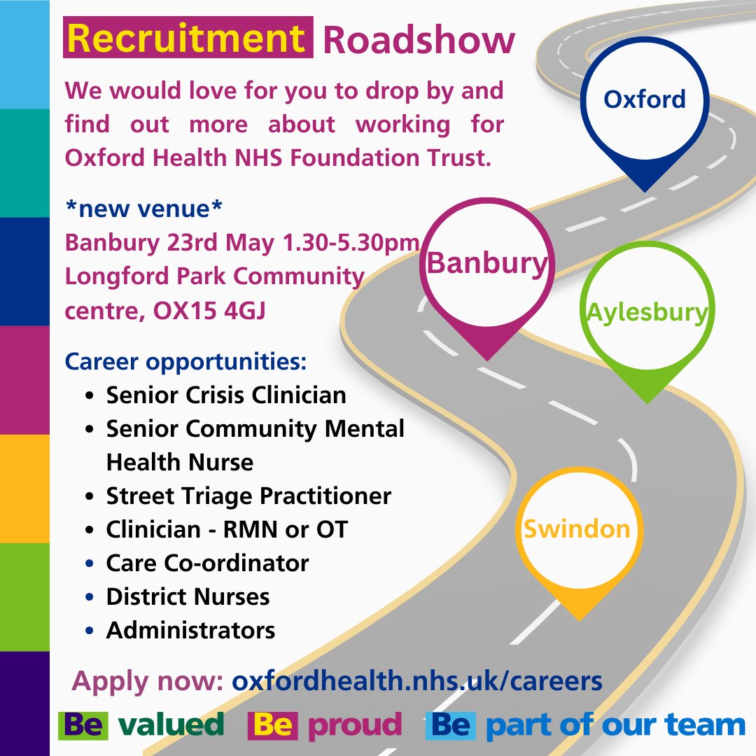 We are hosting a ‘Recruitment Roadshow’ in Banbury on Thursday 23rd May 1.30-5.30pm at Longford Park Community Centre. Sign up for a chat about job opportunities in your area. Walk-ins welcome!

💻 Book now - loom.ly/6HDayZ8

#OneOHFT #WorkWithUs #NHSJobs #JoinOurTeam
