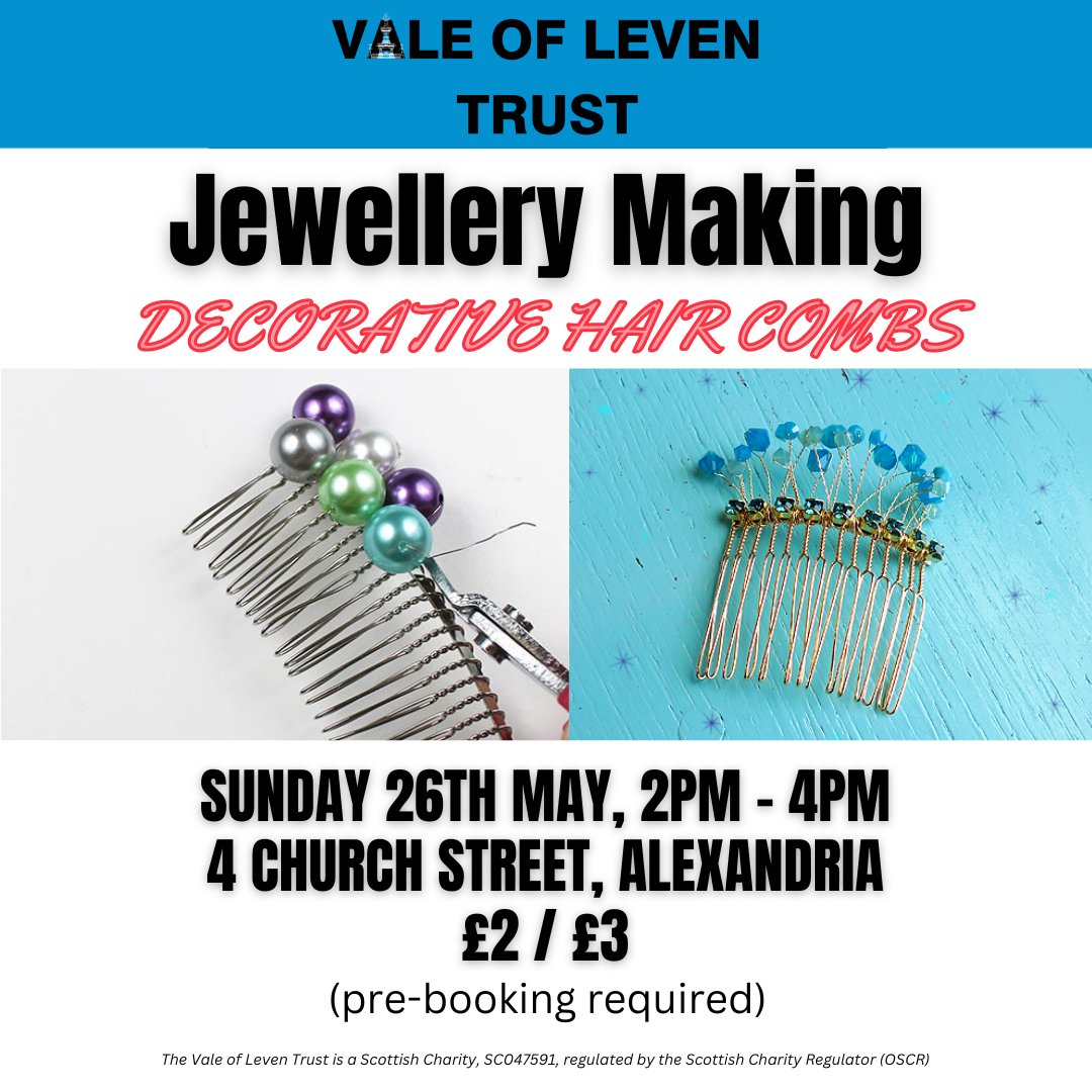 Join us on Sunday 26th, for our next jewellery making session! Pre-booking is essential, so be sure to to get in touch to reserve your space!
To book, give us a call on 01389 752 629, email us at info@valeofleventrust.com, DM us  or pop in and see us at our hub in Mitchell Way.