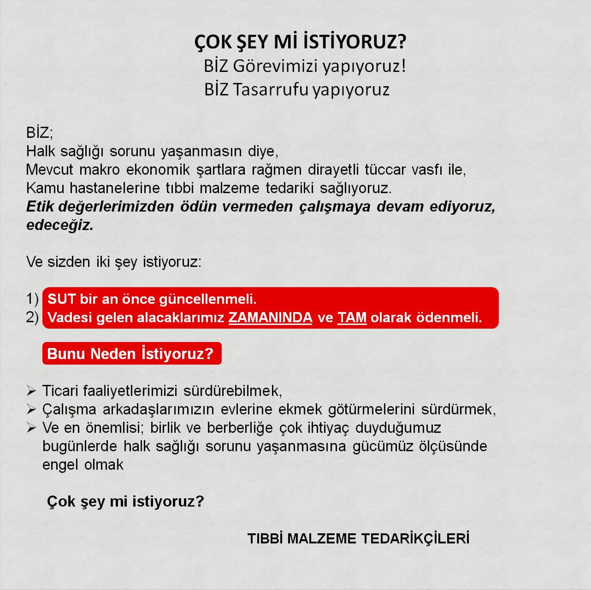 ÇOK ŞEY Mİ İSTİYORUZ?

Sağlıkta Tasarruf Olmaz!
#tibbicihaz  
<a href="/saglikbakanligi/">T.C. Sağlık Bakanlığı</a>  <a href="/HMBakanligi/">T.C. Hazine ve Maliye Bakanlığı</a> <a href="/csgbakanligi/">T.C. Çalışma ve Sosyal Güvenlik Bakanlığı</a> <a href="/sgksosyalmedya/">SGK</a>