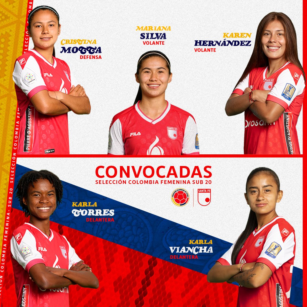 Cristina Motta, Mariana Silva, Karen Hernández, Karla Torres y Karla Viancha fueron convocadas a la @FCFSeleccionCol 🇨🇴 para disputar la Sud Ladies Cup 🏆. ¡Éxitos Leonas 🇮🇩!