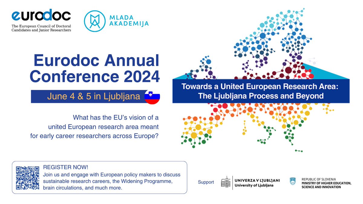 Join us at the 2024 Eurodoc Annual Conference! The two-day conference will focus on the conditions of early career researchers (ECRs), particularly doctoral candidates. 🗓️ 4-5 June 2024 📍 Ljubljana, Slovenia & online Register now! buff.ly/3UN2e7o