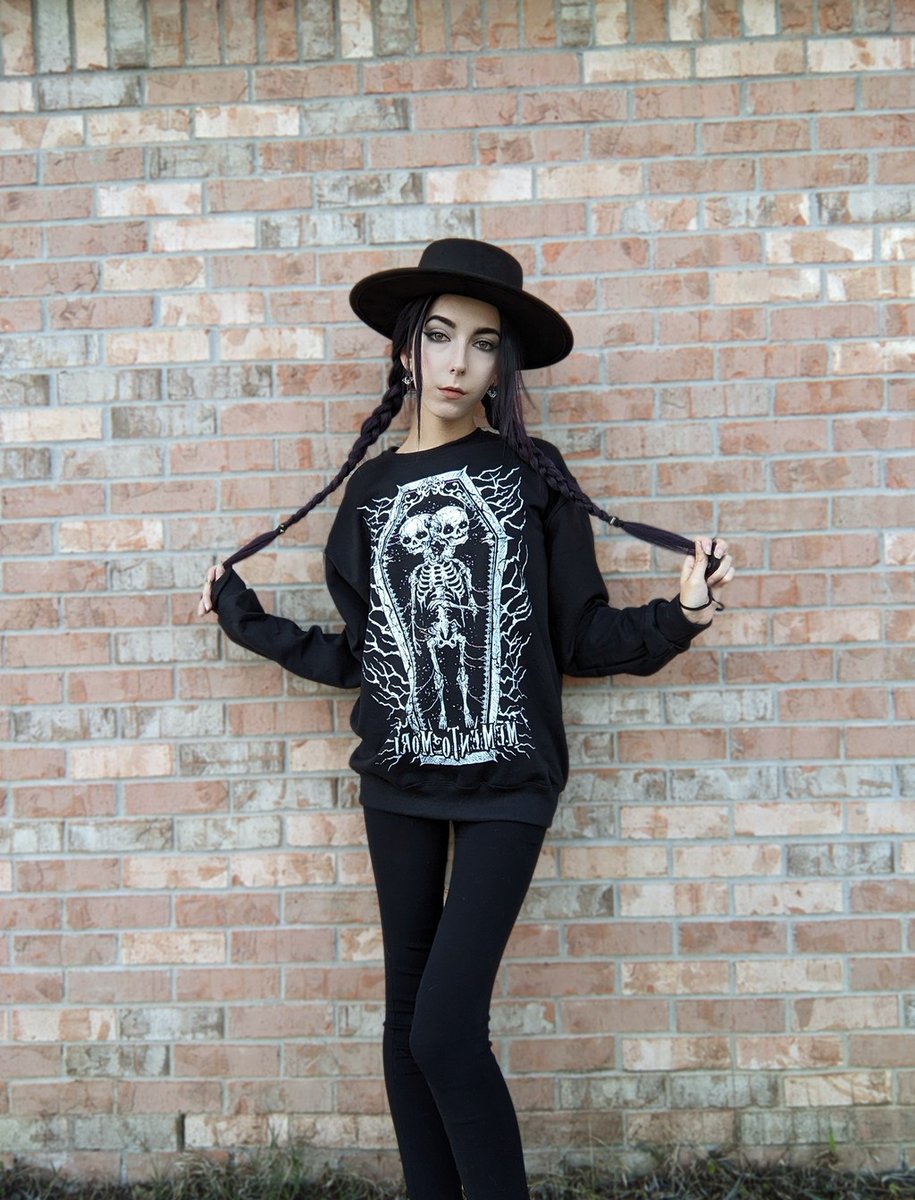 The spooky cute @_Its_Danny_Rose_ in our Memento Mori Conjoined Skeleton Twins Sweatshirt #VampireFreaks #Goth #AltFashion #Spooky #AlternativeFashion