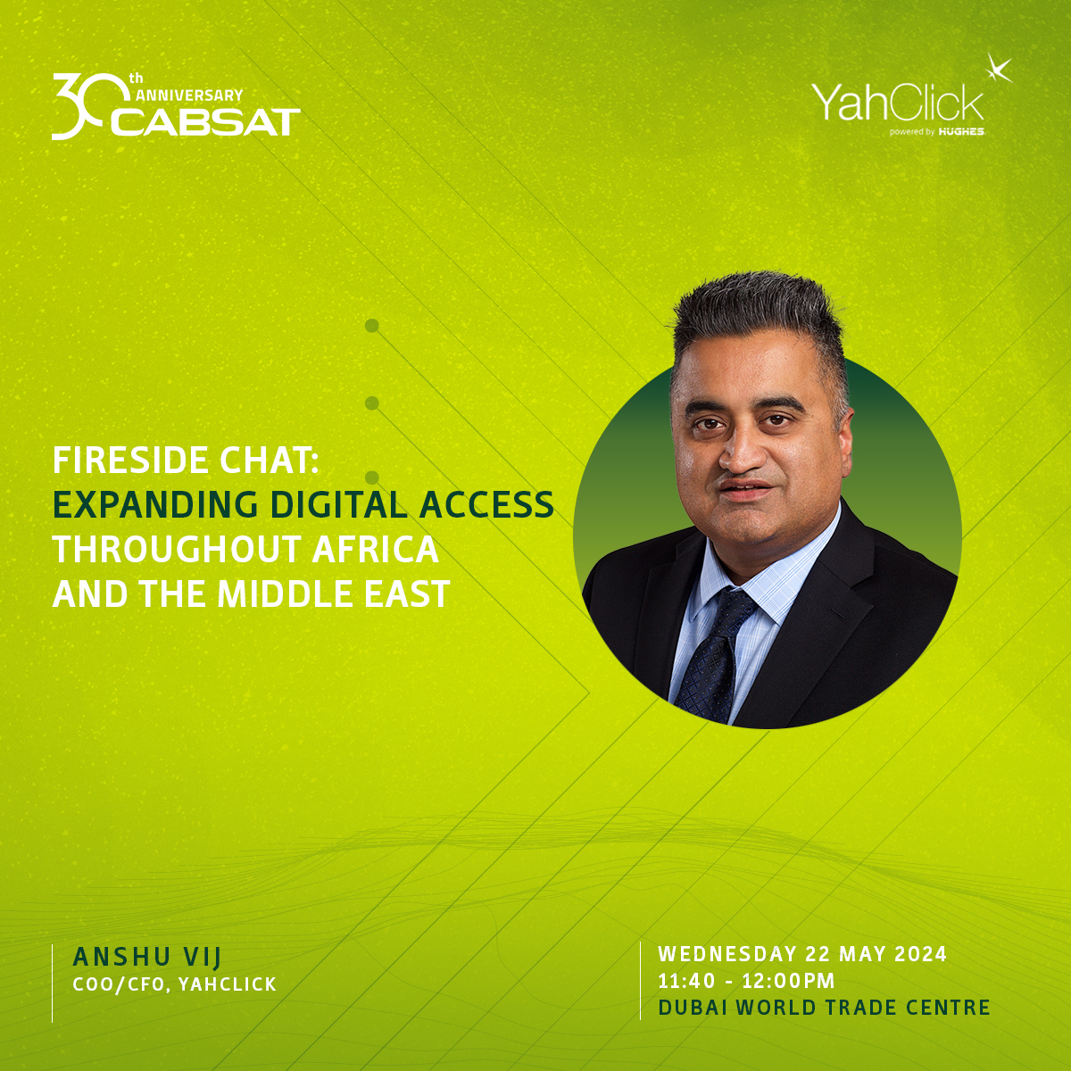 Join us at @CABSATofficial happening at the Dubai World Trade Centre to meet Mr. Anshu Vij and gain valuable insights into expanding digital access throughout Africa and the Middle East. #YahClick #CABSAT2024 #AfricaCom #UAE #Satellite #DigitalAccess