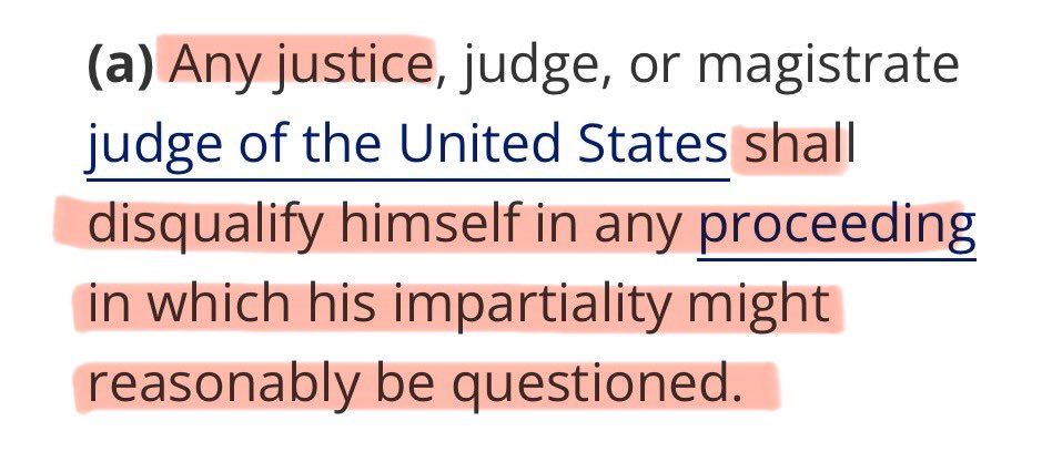 The Supreme Court, as led by insurrection advocates Alito & Thomas, has caught & killed Trump’s prosecution for trying to overturn the 2020 election. The impartiality of Thomas & Alito “might reasonably be questioned” so the federal law REQUIRES their recusal. Period. Full stop.