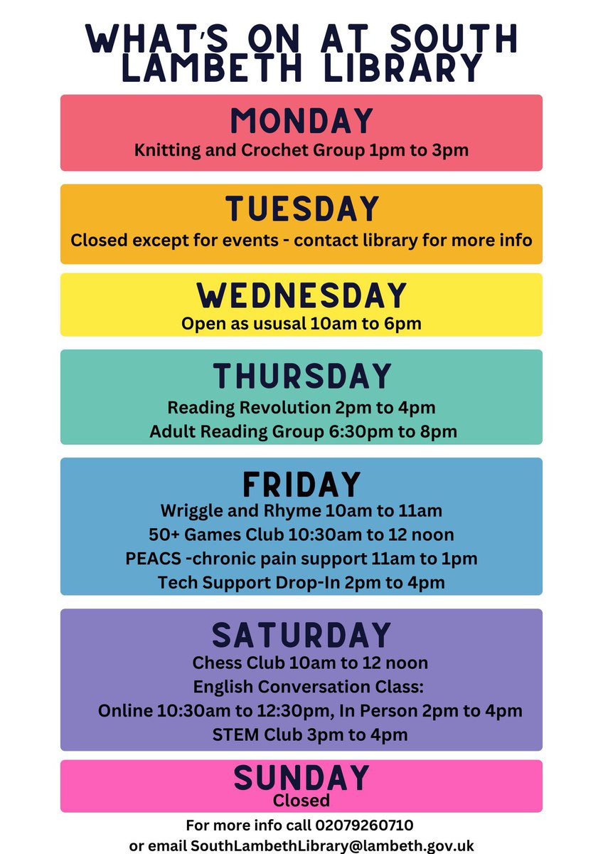 What's On at South Lambeth Library? Going to the library boosts your health & wellbeing by offering a quiet space to relax, access to knowledge, and community connections. Engage in library activities to enhance mental Check out the free activities! #LibraryLife #Community