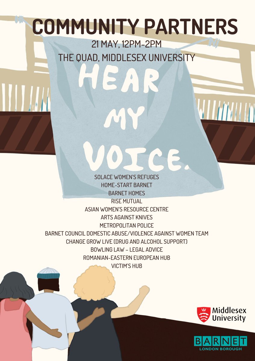 HelenBendon (@bendonhelen) on Twitter photo If you're on or around <a href="/MiddlesexUni/">Middlesex University</a> campus tomorrow, our partners are visiting to offer advice and support as part of our #HearMyVoice project, tackling misogyny, domestic abuse and #VAWG. Stalls in the Quad, College Building 12-2pm.
<a href="/BarnetCouncil/">Barnet Council</a> <a href="/Sara_Conway3/">Sara Conway</a> If you're on or around <a href="/MiddlesexUni/">Middlesex University</a> campus tomorrow, our partners are visiting to offer advice and support as part of our #HearMyVoice project, tackling misogyny, domestic abuse and #VAWG. Stalls in the Quad, College Building 12-2pm.
<a href="/BarnetCouncil/">Barnet Council</a> <a href="/Sara_Conway3/">Sara Conway</a>