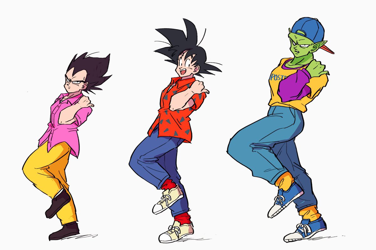piccolo ,son goku looking at viewer smile open mouth short hair simple background shirt black hair  illustration images