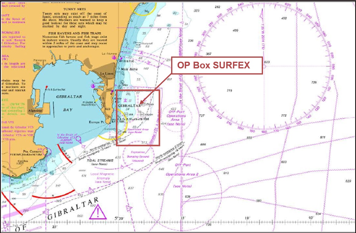 A New local notice to Mariners has been released: Military Training in BGTW - Friday 24th May Royal Navy will be conducting a SURFEX with high speed manoeuvring and blank firings East of Gibraltar. The Operation Box will be active on Friday 24th May from 09:00 to 13:00.